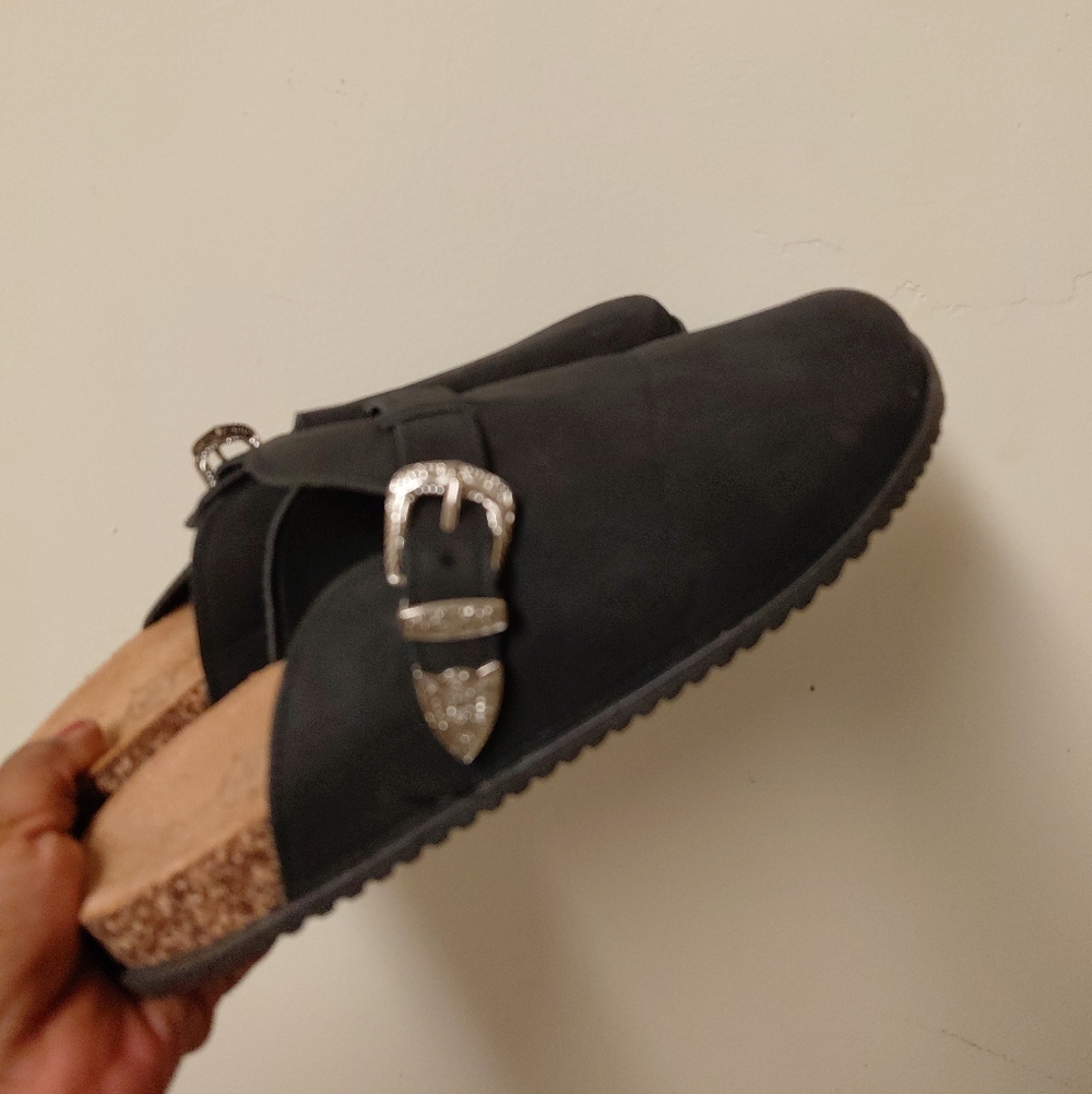 Black Slip-On Clogs with Silver Buckle Size 8M